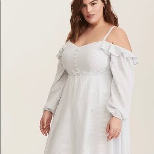 Torrid Cold-Shoulder Long Sleeve Blue & White Pinstripe Dress, Sz 2X 18/20 EUC